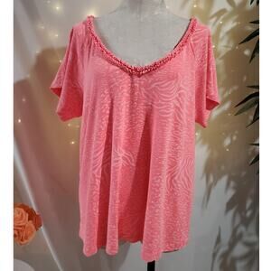 Fresh Produce Ruffle Animal Print Top 2X Bright Neon Pink Short Sleeve Leopard